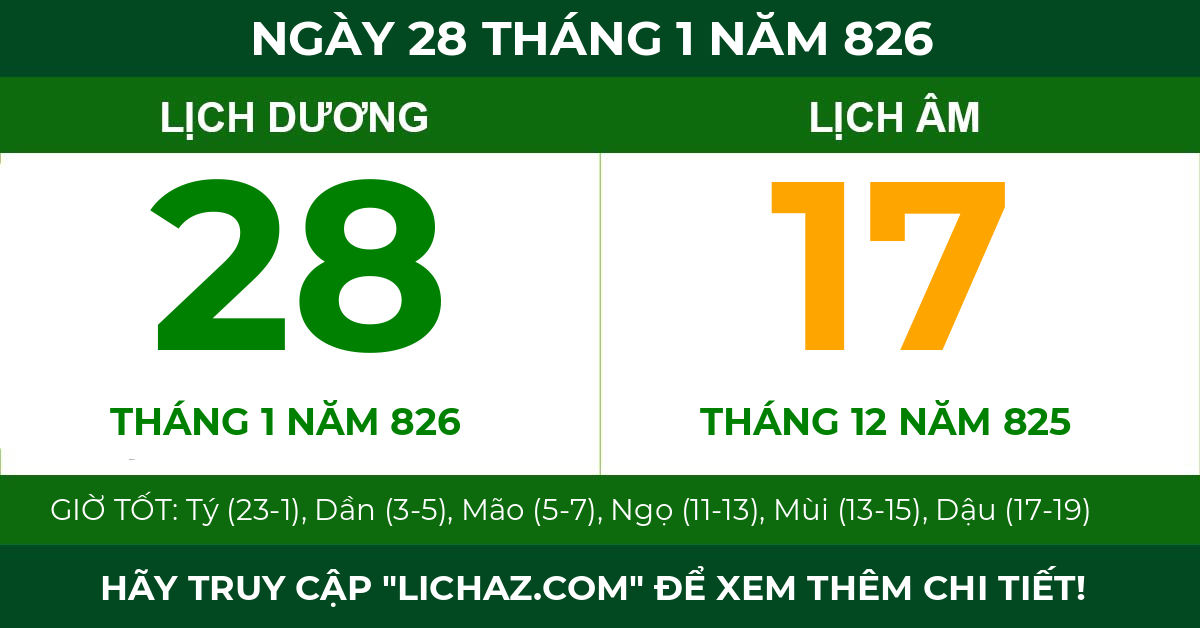 lịch âm ngày 28 tháng 1 năm 826