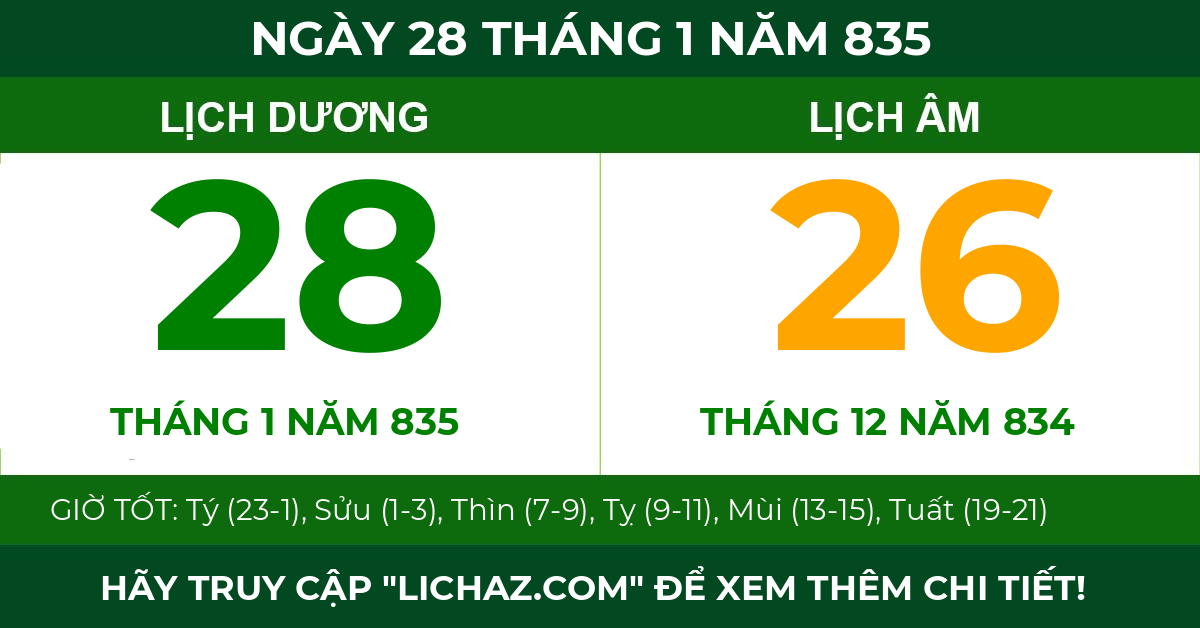 lịch âm ngày 28 tháng 1 năm 835