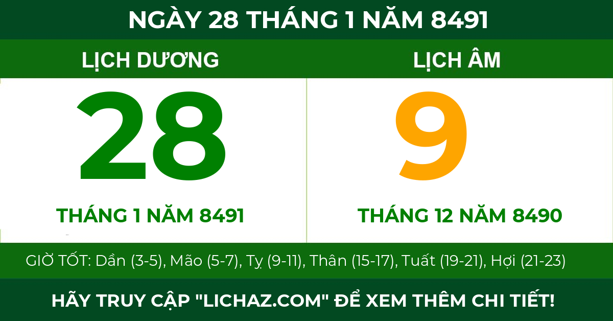 lịch âm ngày 28 tháng 1 năm 8491