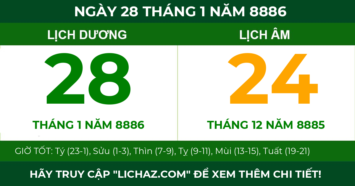 lịch âm ngày 28 tháng 1 năm 8886
