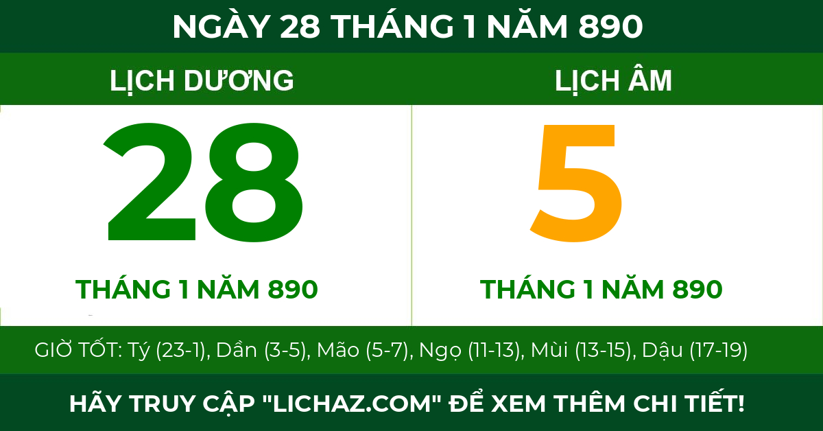 lịch âm ngày 28 tháng 1 năm 890
