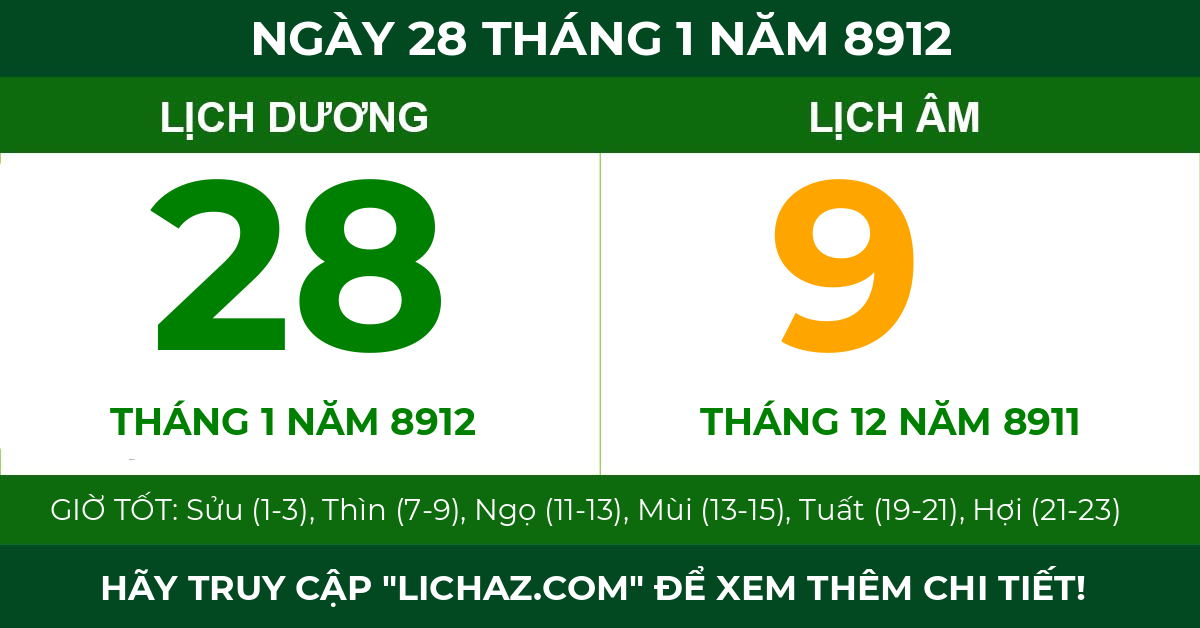 lịch âm ngày 28 tháng 1 năm 8912