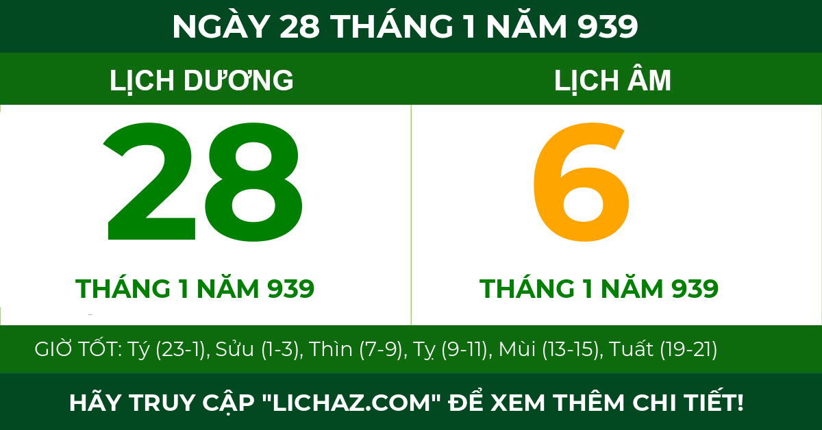 lịch âm ngày 28 tháng 1 năm 939