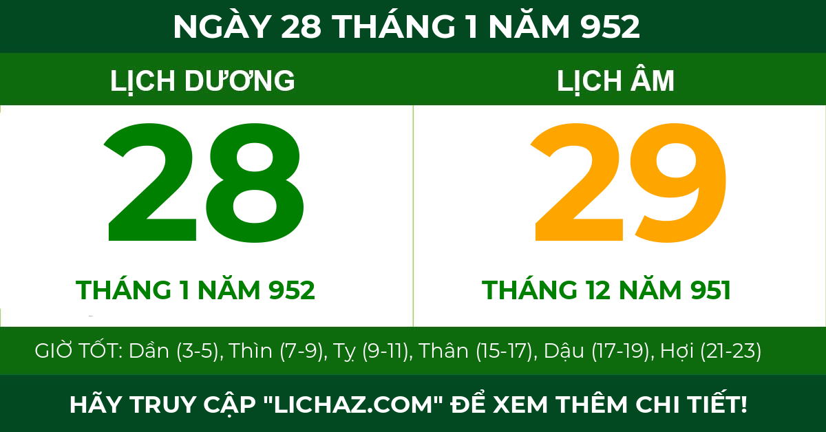 lịch âm ngày 28 tháng 1 năm 952