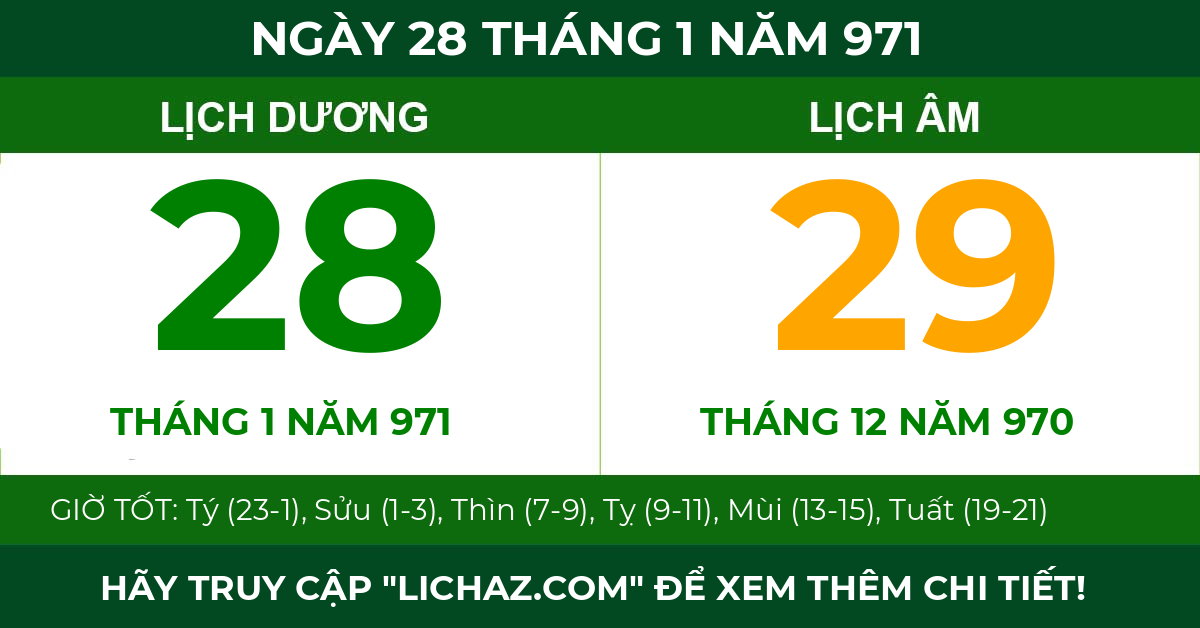 lịch âm ngày 28 tháng 1 năm 971