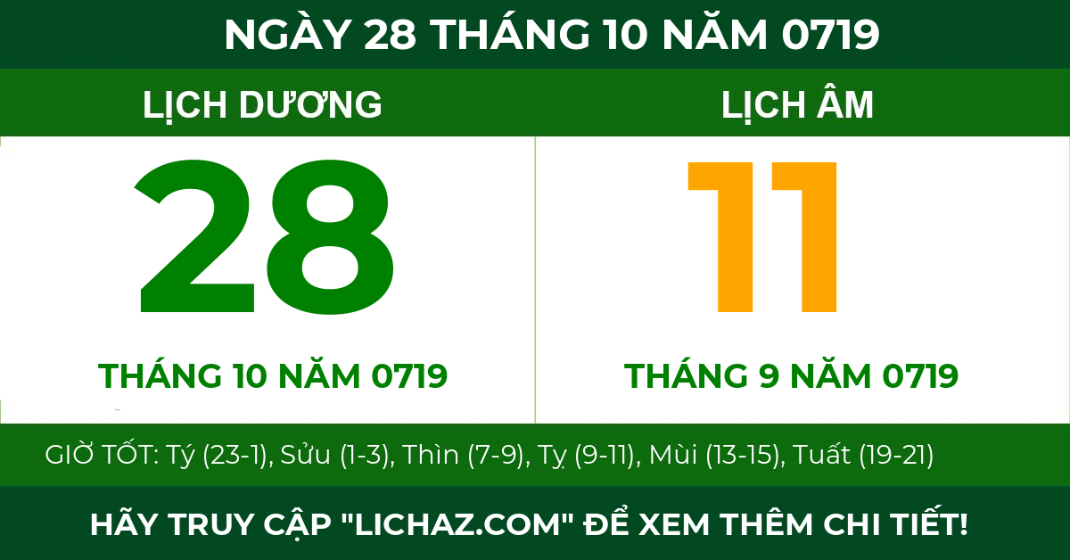 lịch âm ngày 28 tháng 10 năm 0719