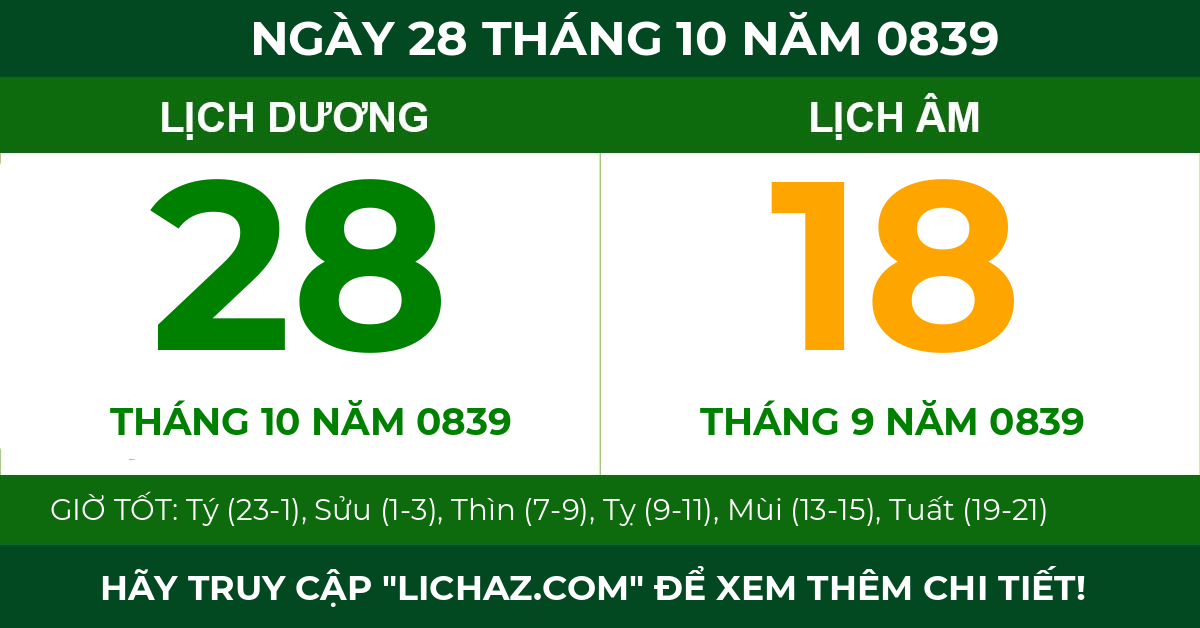 lịch âm ngày 28 tháng 10 năm 0839