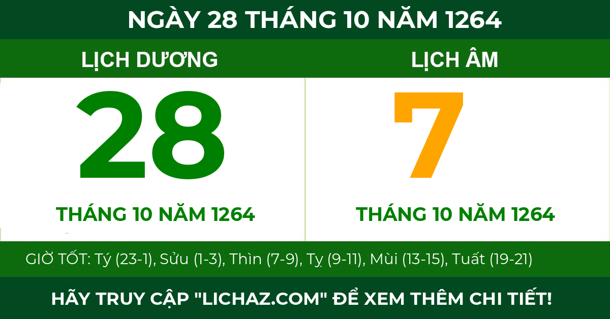 lịch âm ngày 28 tháng 10 năm 1264
