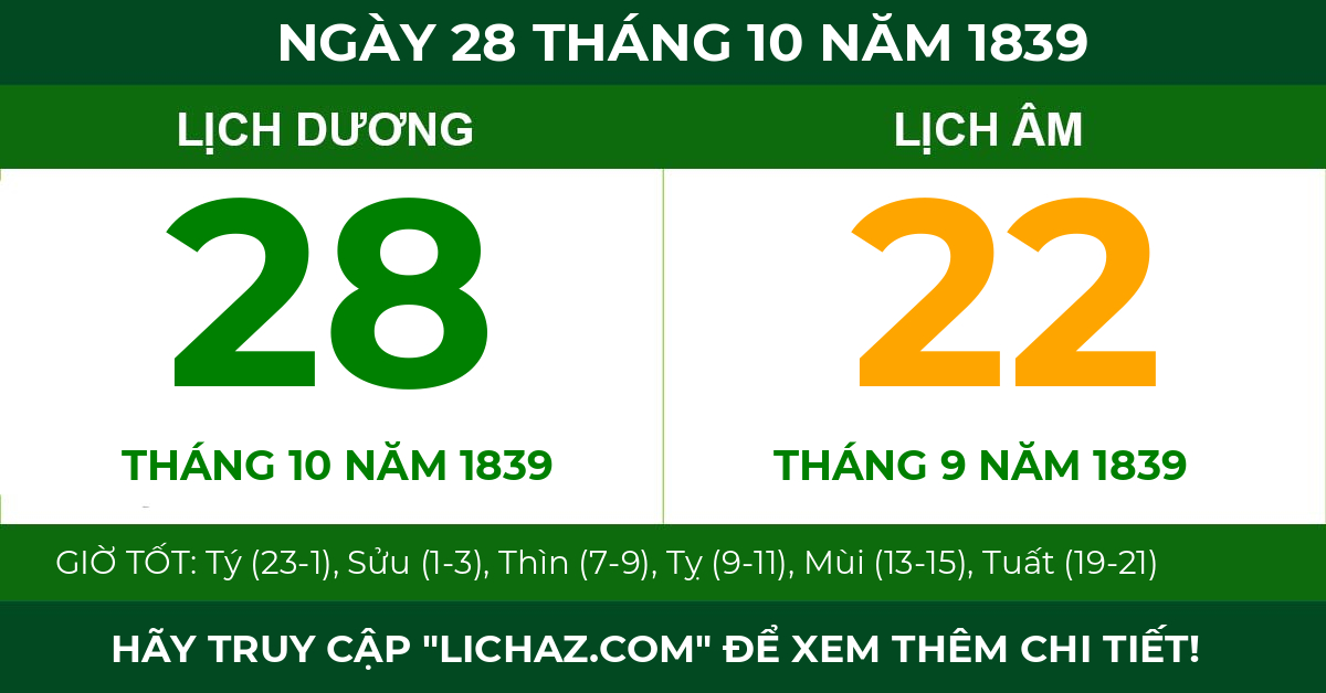 lịch âm ngày 28 tháng 10 năm 1839
