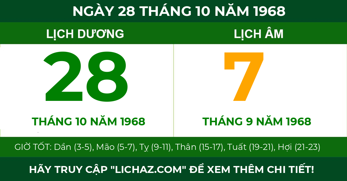 lịch âm ngày 28 tháng 10 năm 1968