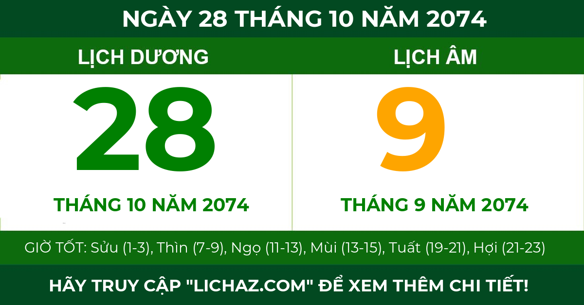 lịch âm ngày 28 tháng 10 năm 2074