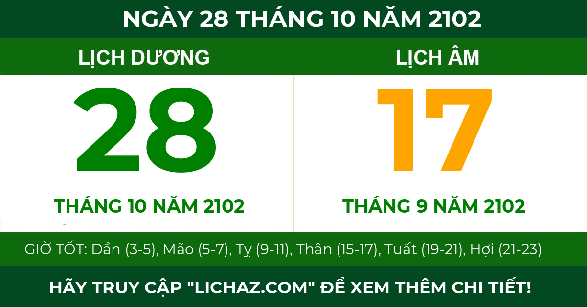 lịch âm ngày 28 tháng 10 năm 2102