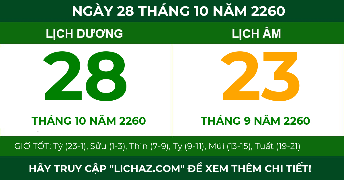 lịch âm ngày 28 tháng 10 năm 2260