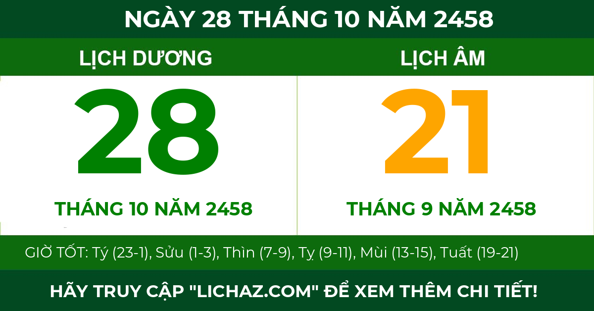 lịch âm ngày 28 tháng 10 năm 2458