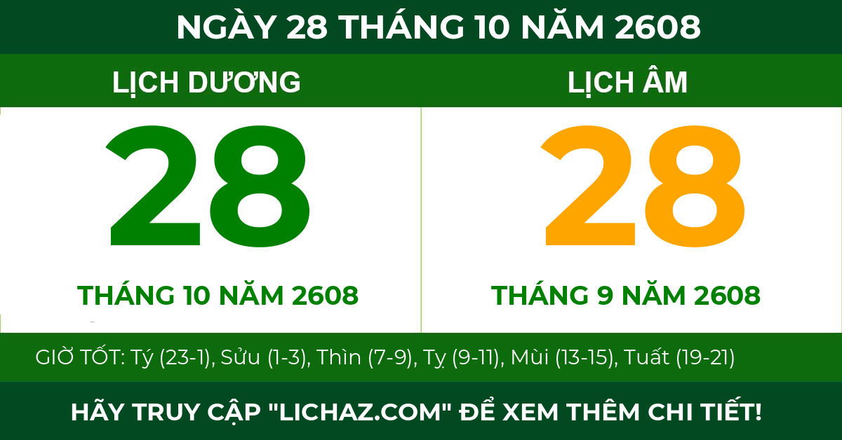 lịch âm ngày 28 tháng 10 năm 2608