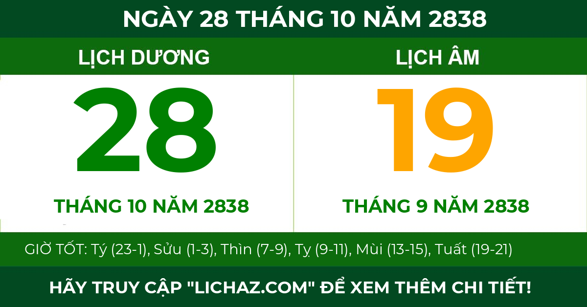 lịch âm ngày 28 tháng 10 năm 2838