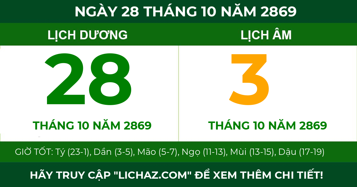 lịch âm ngày 28 tháng 10 năm 2869