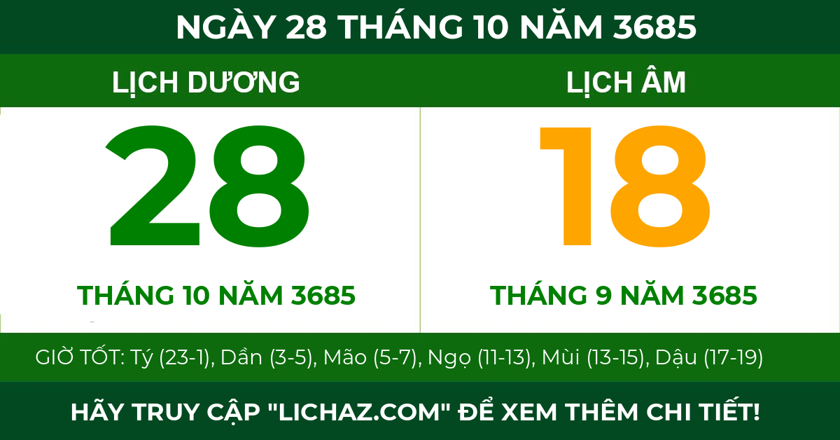 lịch âm ngày 28 tháng 10 năm 3685