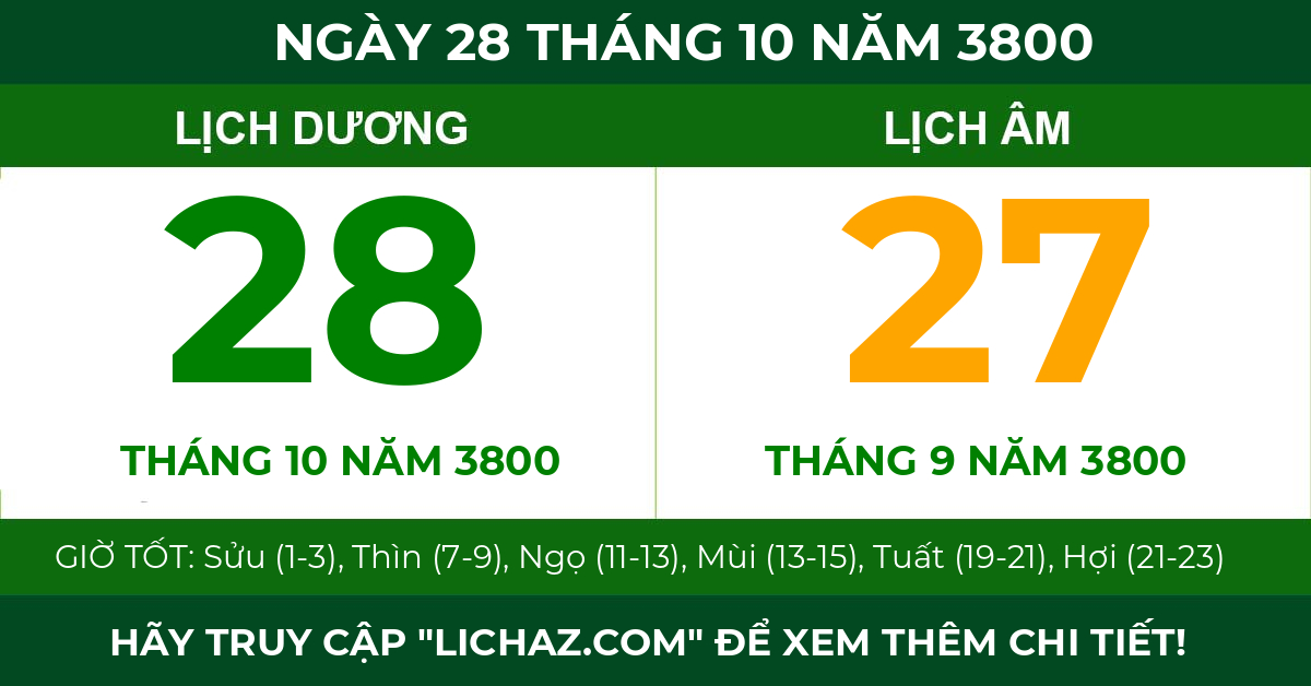 lịch âm ngày 28 tháng 10 năm 3800