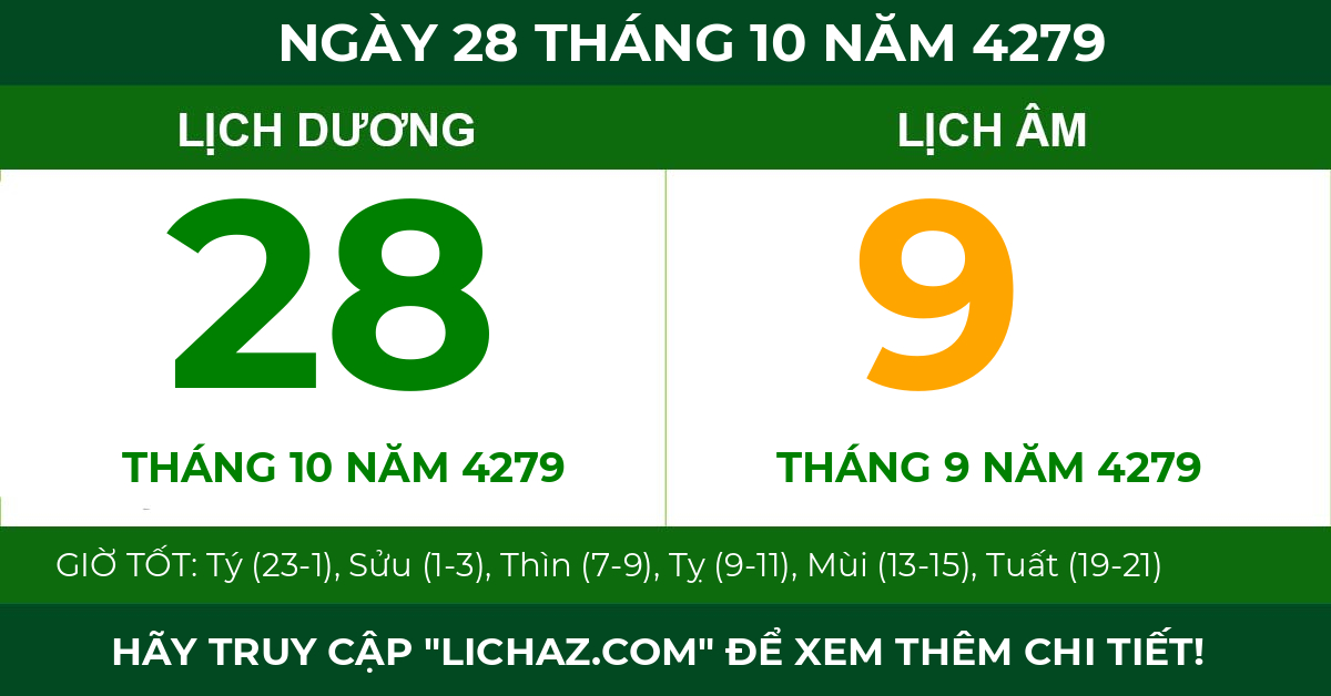 lịch âm ngày 28 tháng 10 năm 4279