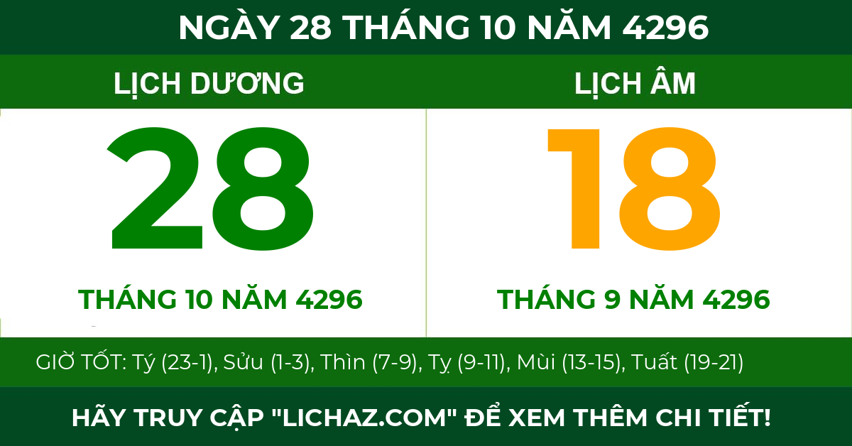 lịch âm ngày 28 tháng 10 năm 4296