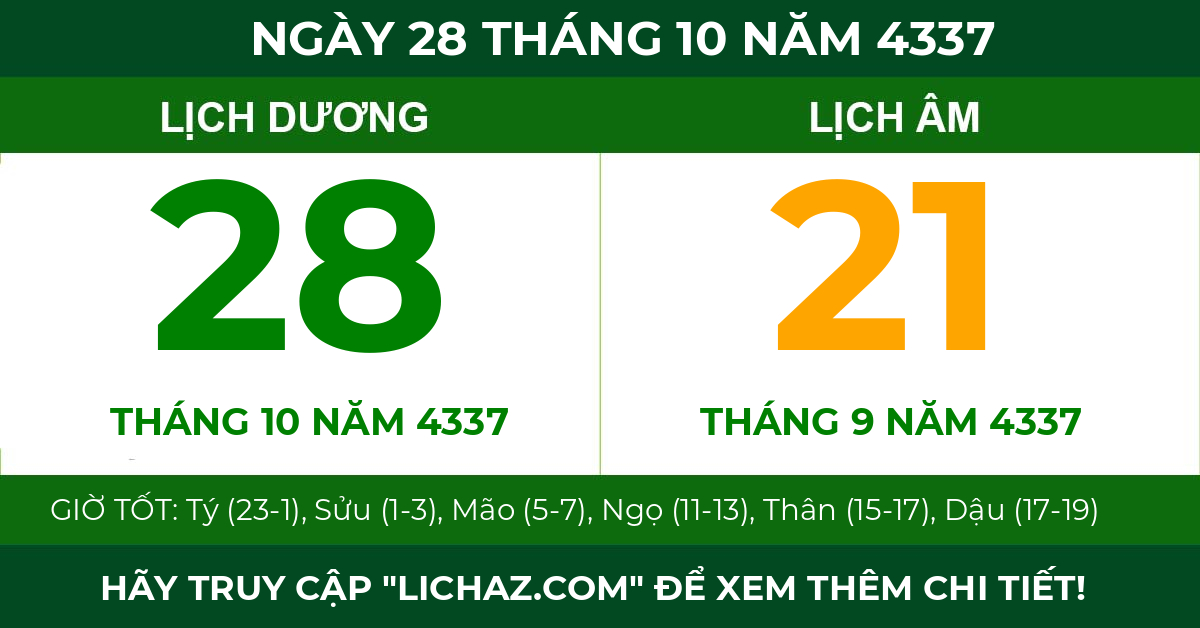 lịch âm ngày 28 tháng 10 năm 4337