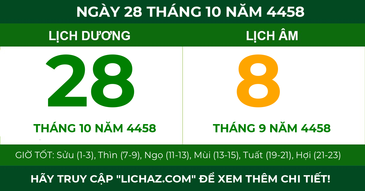 lịch âm ngày 28 tháng 10 năm 4458