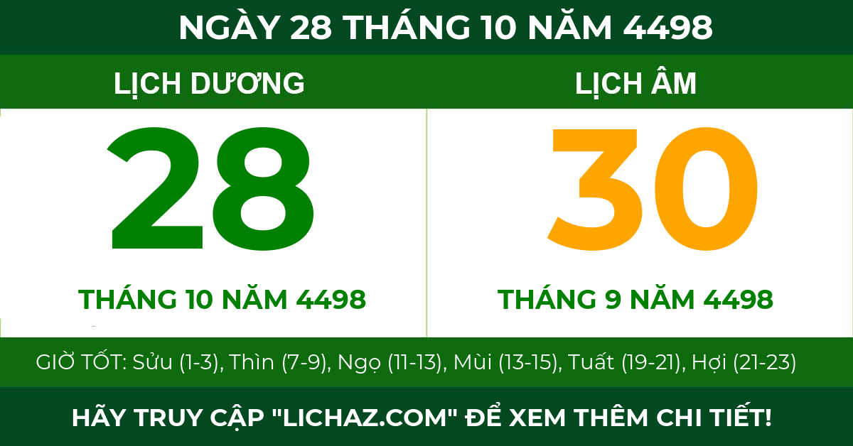 lịch âm ngày 28 tháng 10 năm 4498