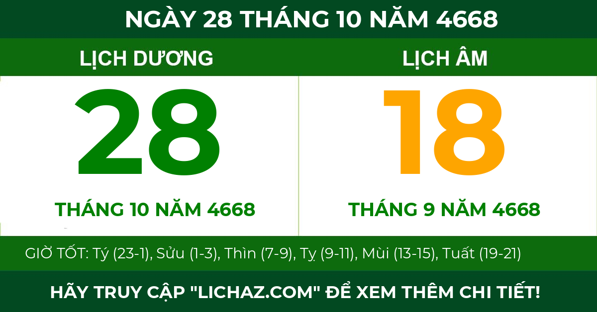 lịch âm ngày 28 tháng 10 năm 4668