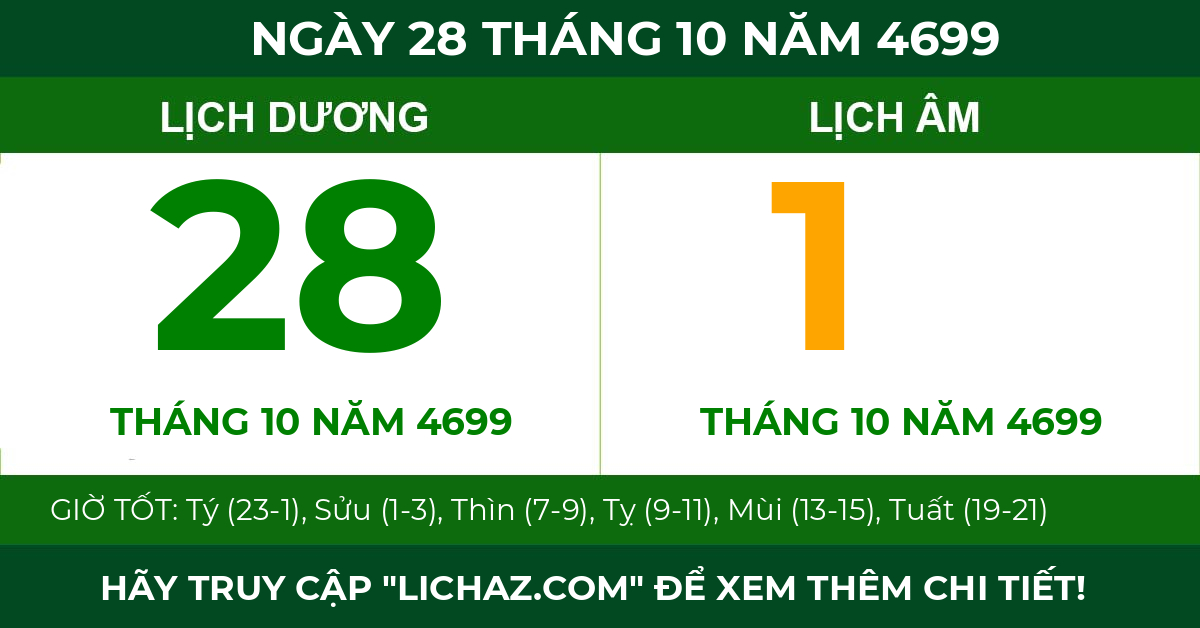 lịch âm ngày 28 tháng 10 năm 4699