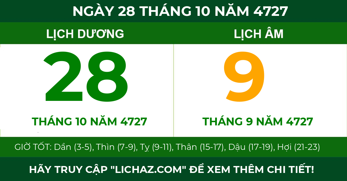 lịch âm ngày 28 tháng 10 năm 4727
