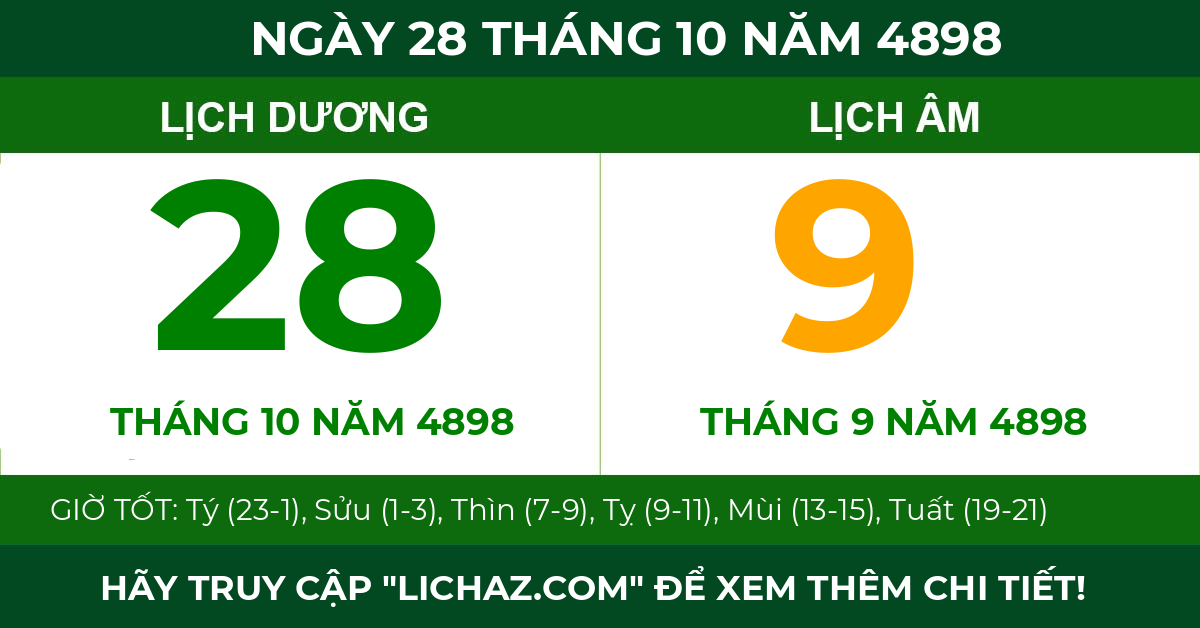 lịch âm ngày 28 tháng 10 năm 4898