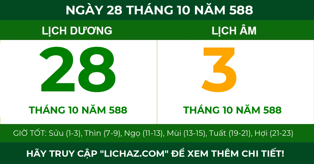 lịch âm ngày 28 tháng 10 năm 588