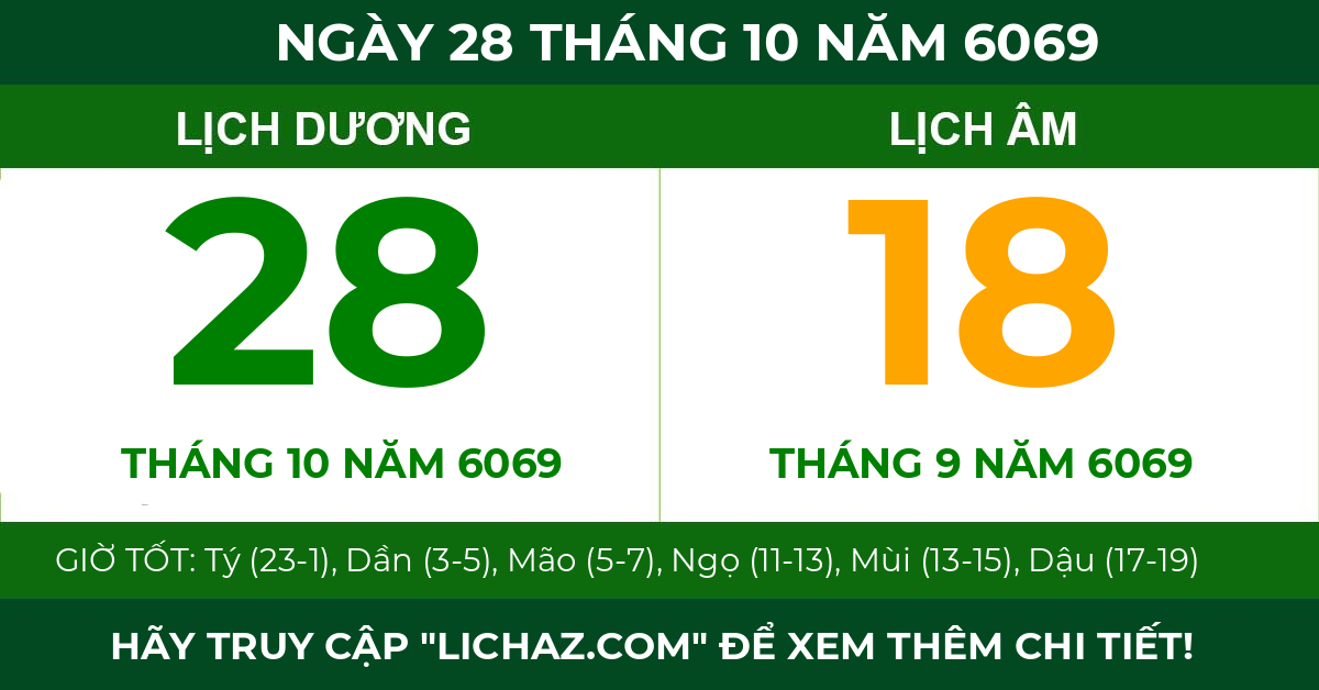 lịch âm ngày 28 tháng 10 năm 6069