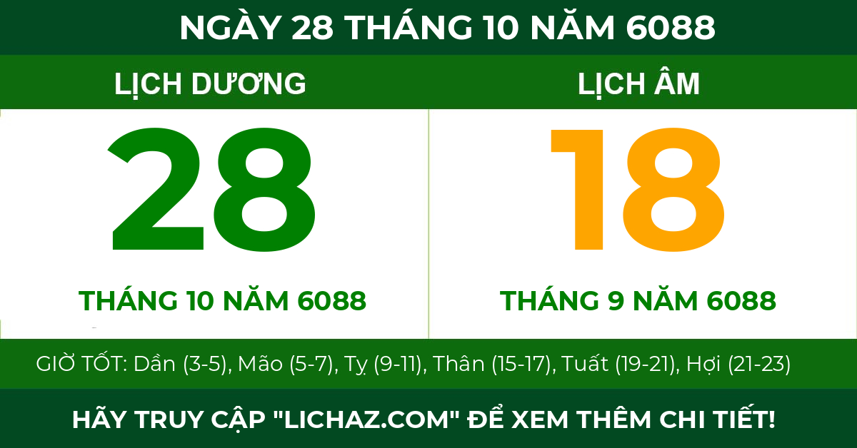 lịch âm ngày 28 tháng 10 năm 6088