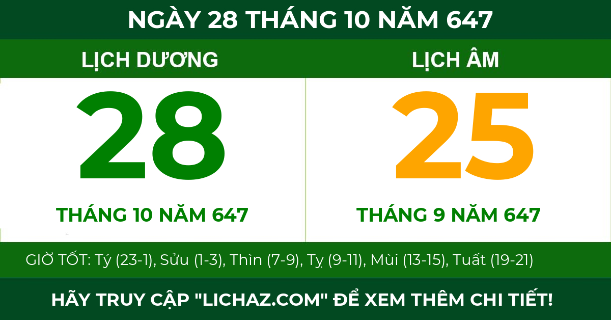 lịch âm ngày 28 tháng 10 năm 647