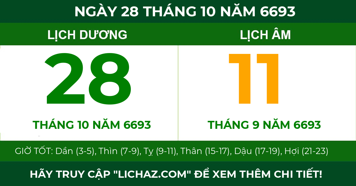 lịch âm ngày 28 tháng 10 năm 6693
