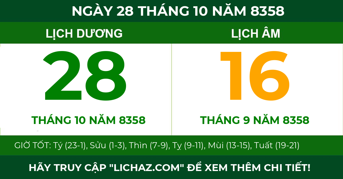 lịch âm ngày 28 tháng 10 năm 8358