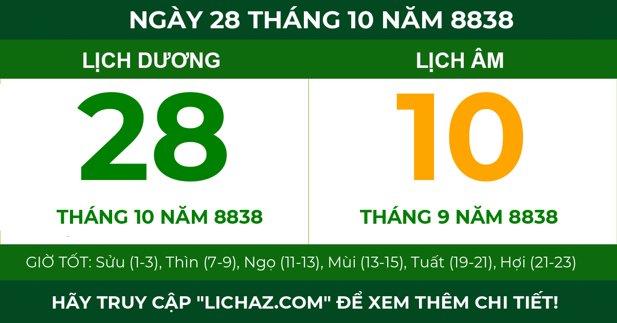 lịch âm ngày 28 tháng 10 năm 8838