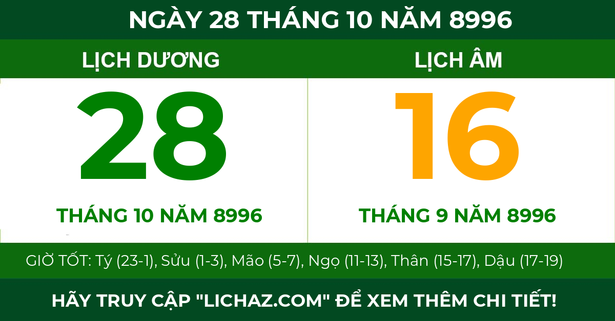 lịch âm ngày 28 tháng 10 năm 8996