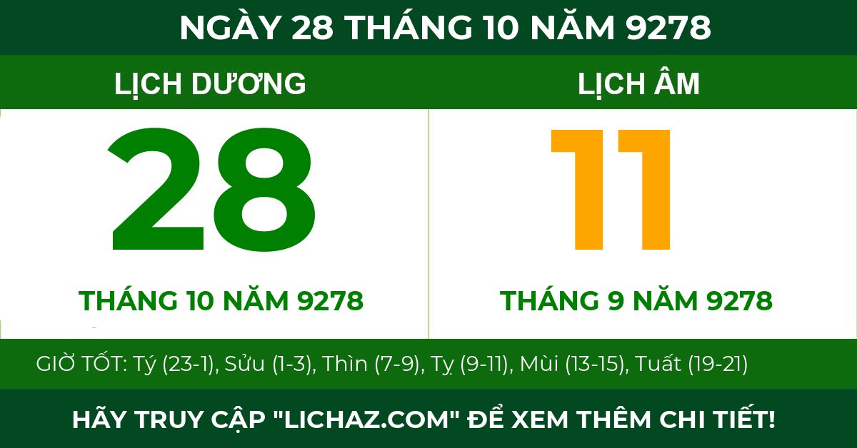 lịch âm ngày 28 tháng 10 năm 9278