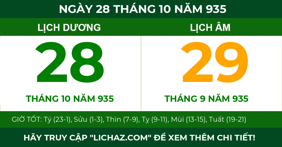 lịch âm ngày 28 tháng 10 năm 935