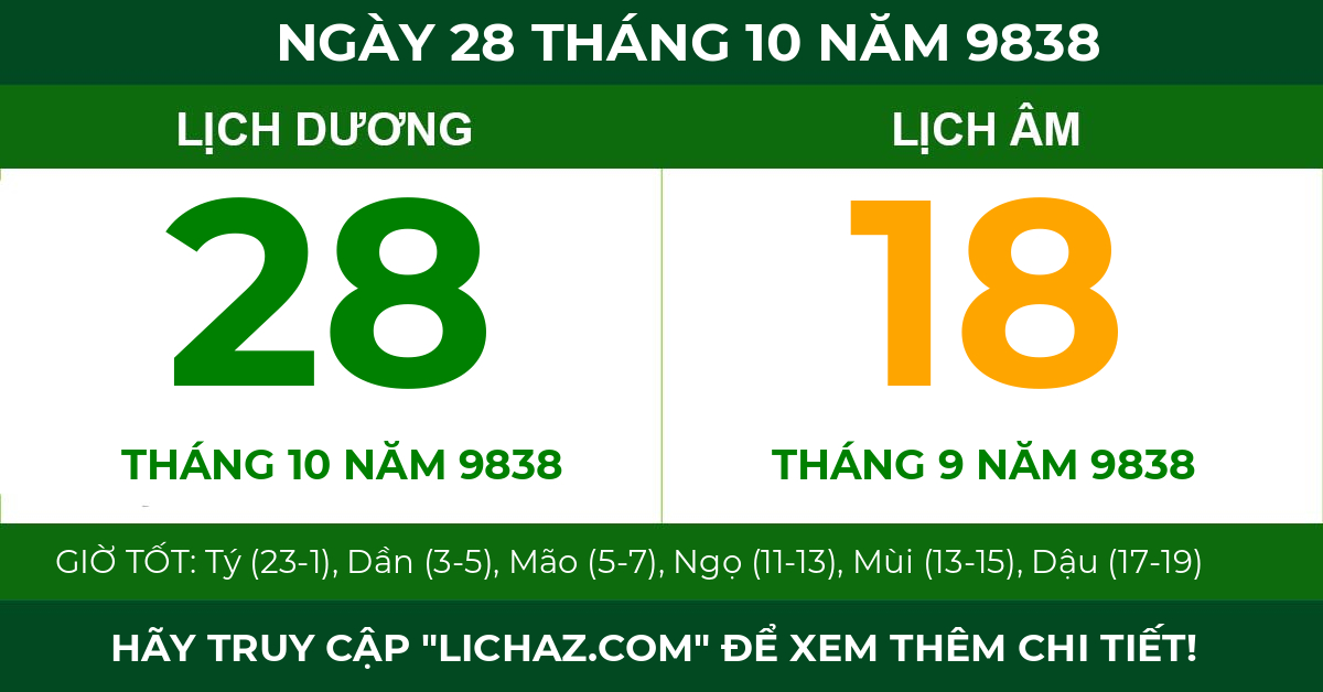 lịch âm ngày 28 tháng 10 năm 9838