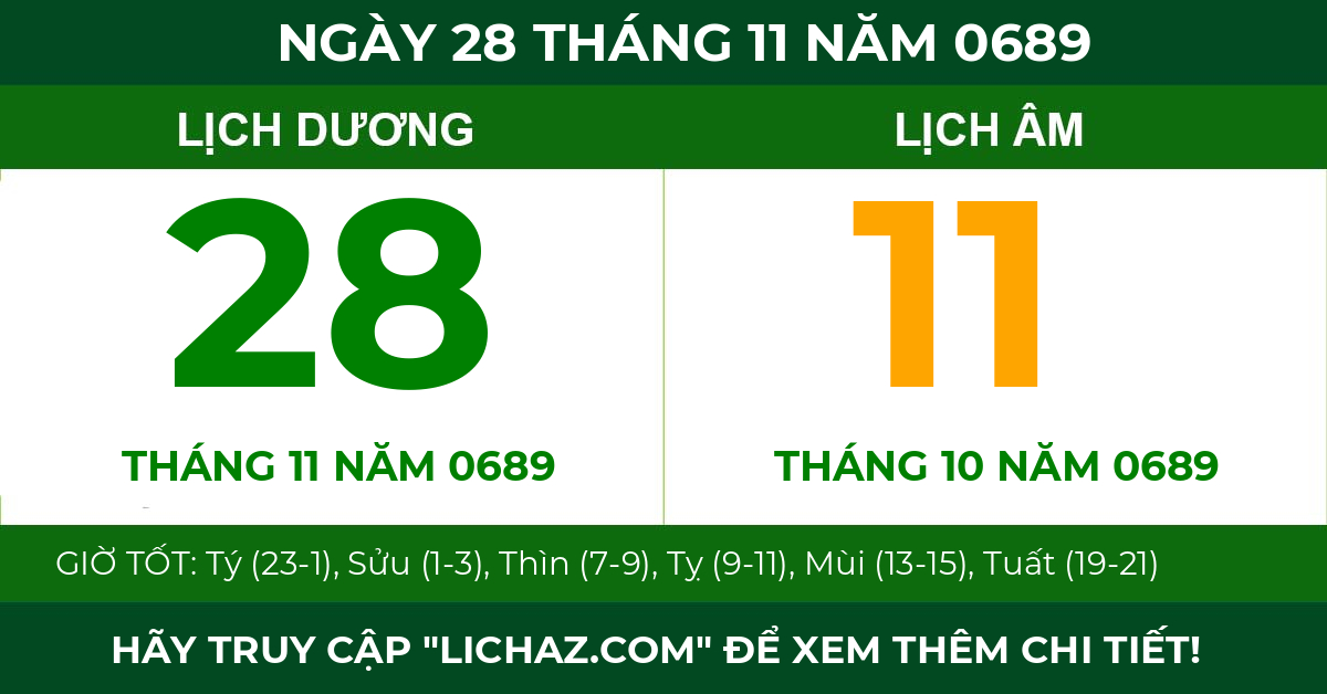 lịch âm ngày 28 tháng 11 năm 0689