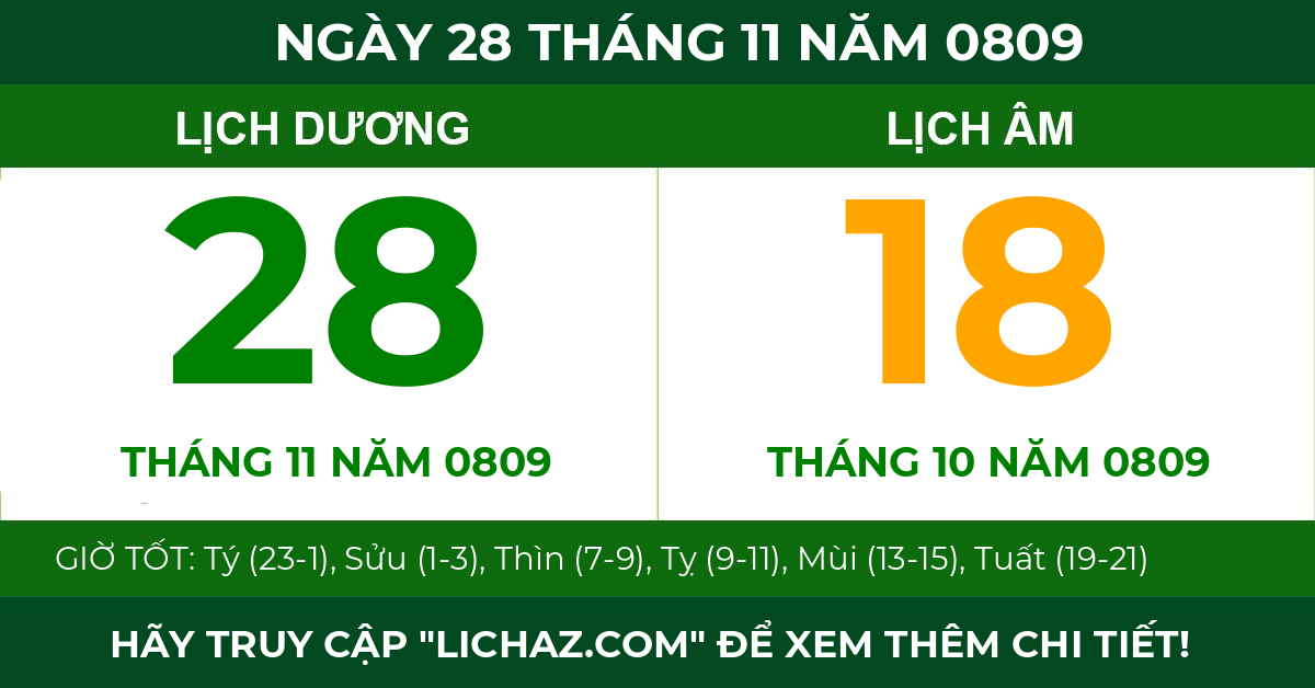 lịch âm ngày 28 tháng 11 năm 0809