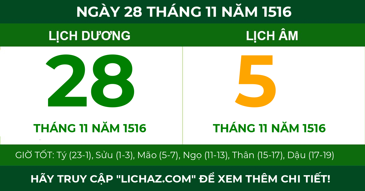 lịch âm ngày 28 tháng 11 năm 1516