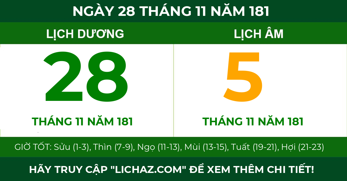 lịch âm ngày 28 tháng 11 năm 181