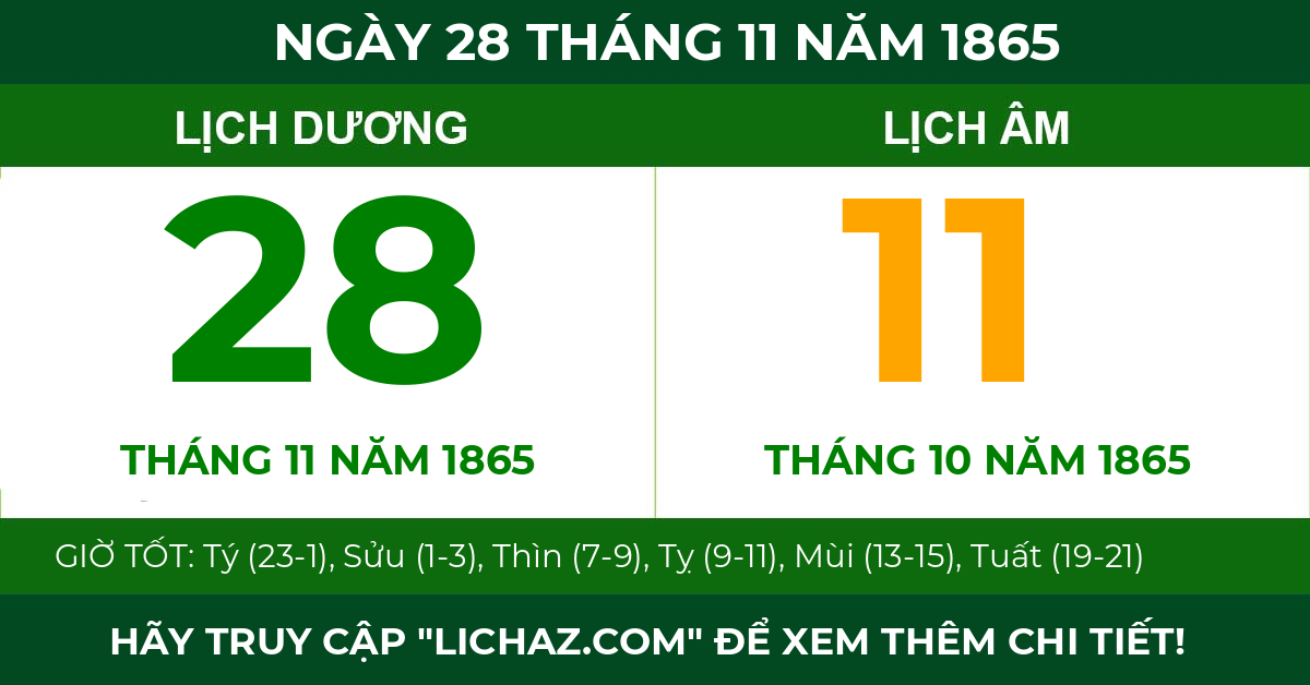 lịch âm ngày 28 tháng 11 năm 1865