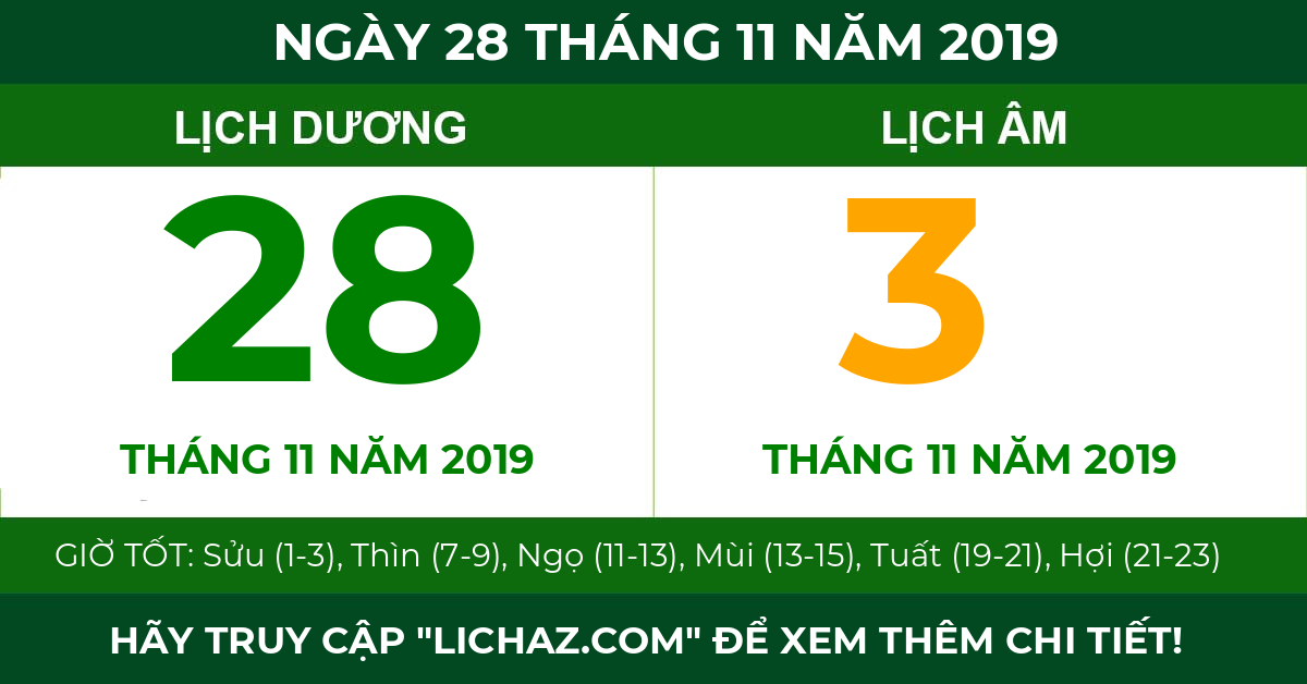 lịch âm ngày 28 tháng 11 năm 2019