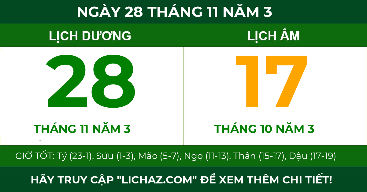 lịch âm ngày 28 tháng 11 năm 3